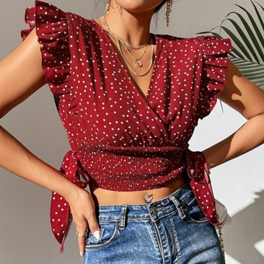 BLOUSE Ruffle Trim Polka-Dot Blouse - XL - No Brand/Size Tag